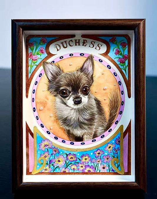 Custom hand-painted pet portrait displayed as wall art in a bright spring home setting, showing how a dog portrait transforms a living room at Bolapawzi