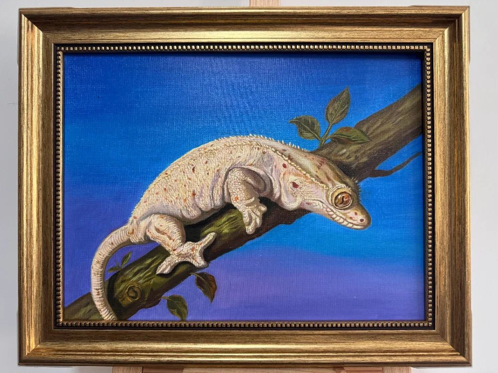 Custom hand-painted pet memorial portrait displayed in a warm home setting, honoring a beloved companion who has crossed the rainbow bridge