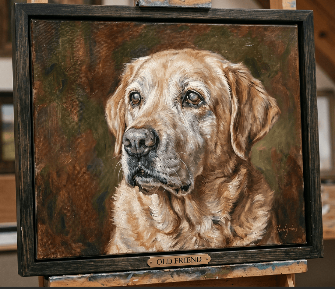 Soulful custom hand-painted portrait of a senior dog, capturing the wisdom and gentle spirit of an older pet — created by Bolapawzi artists
