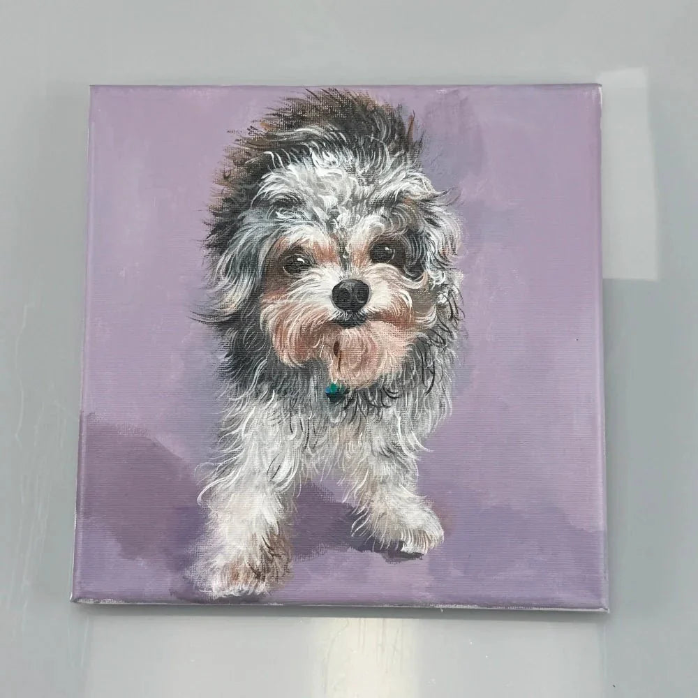 Hand-painted acrylic dog portrait of a Beagle, showing the transformation from reference photo to custom pet portrait artwork at Bolapawzi