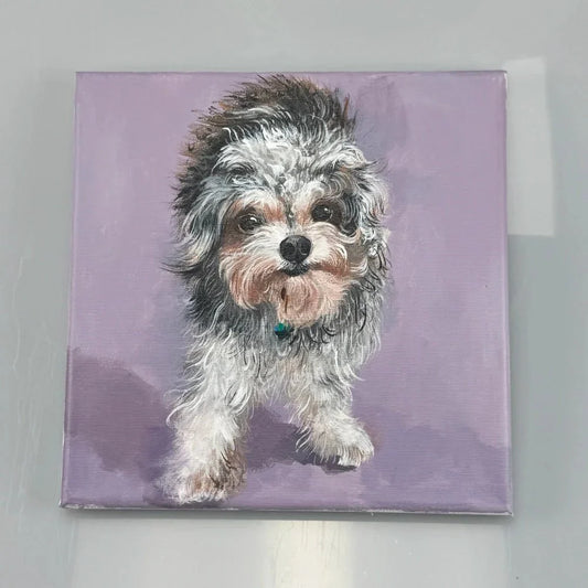 Hand-painted acrylic dog portrait of a Beagle, showing the transformation from reference photo to custom pet portrait artwork at Bolapawzi