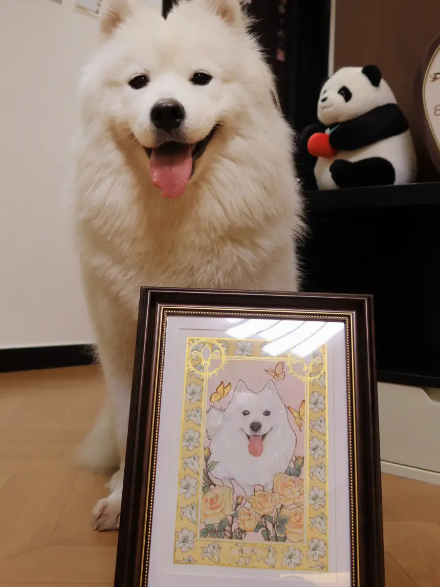 Custom Mucha style Art Nouveau hand-painted pet portrait — a Father's Day surprise for the dog dad who didn't know he needed a portrait, from Bolapawzi