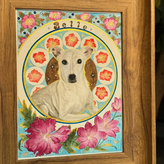 Custom pet portrait in an Art Nouveau Mucha style displayed in a decorative frame, showing how to professionally display a hand-painted pet portrait at home