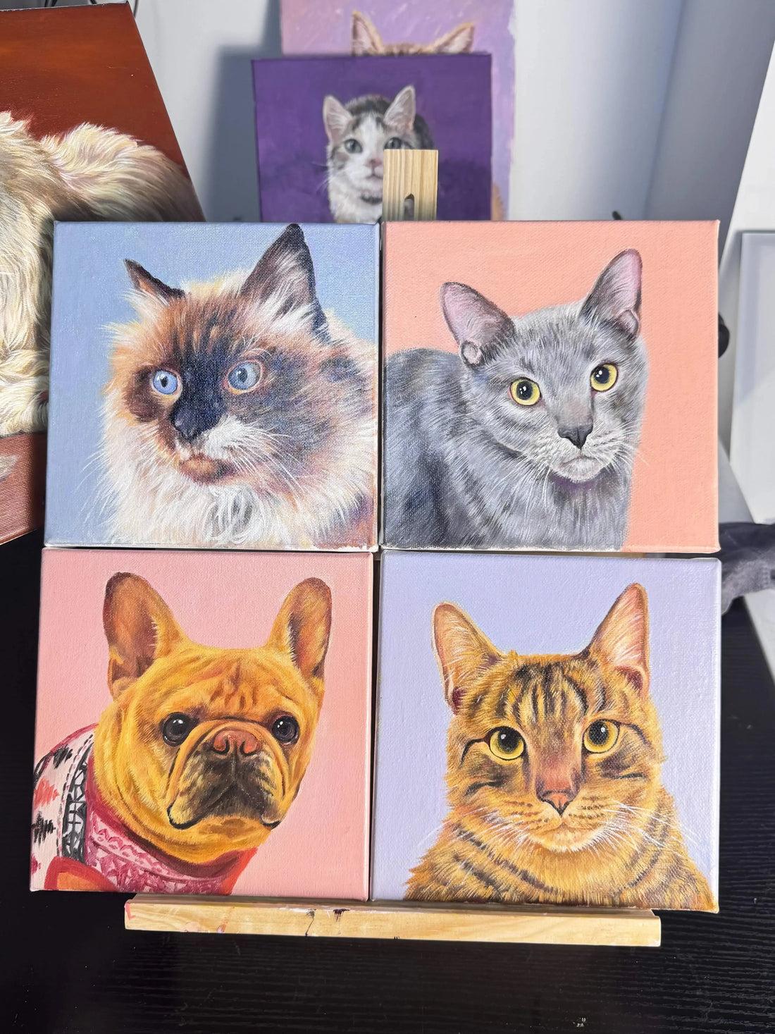 Collection of custom hand-painted pet portrait styles including acrylic, oil, and Art Nouveau Mucha designs — perfect spring gift ideas for pet lovers