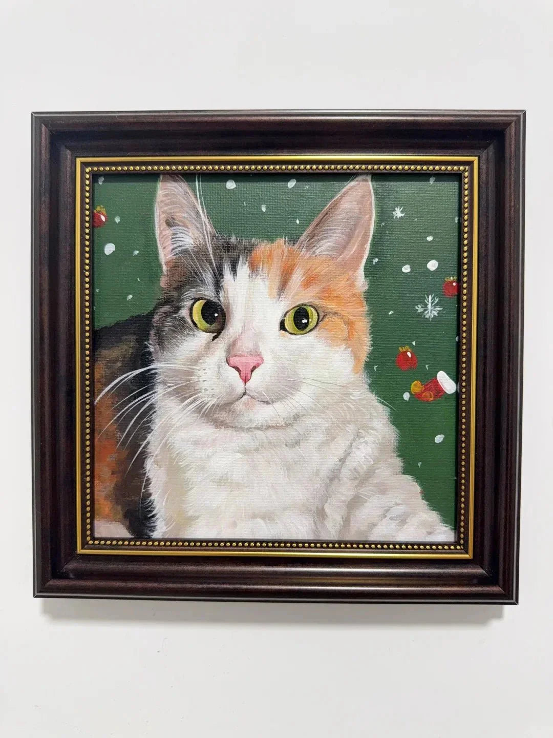 Custom cat portrait displayed on a wall as a National Pet Day gift idea, showcasing hand-painted pet artwork from Bolapawzi