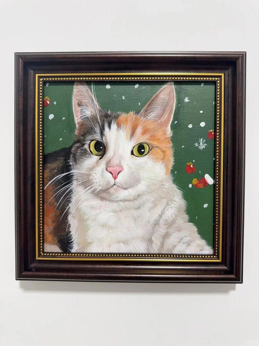 Custom cat portrait displayed on a wall as a National Pet Day gift idea, showcasing hand-painted pet artwork from Bolapawzi