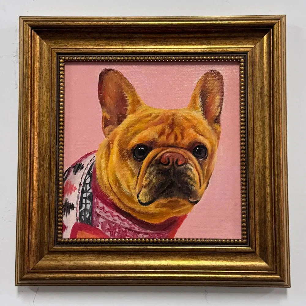 Custom acrylic dog portrait displayed as wall art — a beautiful self-care treat after tax season from Bolapawzi