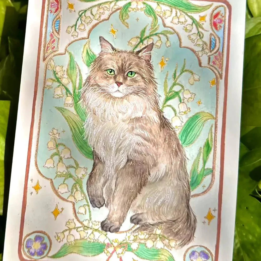 Mucha-style watercolor pet portrait from a photo, showing how Bolapawzi captures multiple pets in a single custom hand-painted artwork