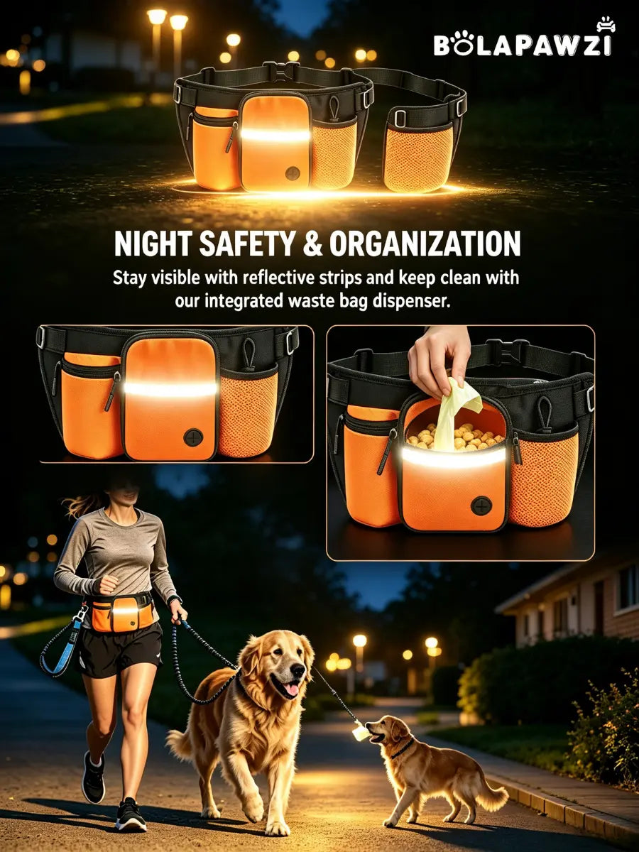 Multi-Pocket Hands-Free Dog Treat Training Pouch – Reflective Dog Walking Fanny Pack with Poop Bag Dispenser