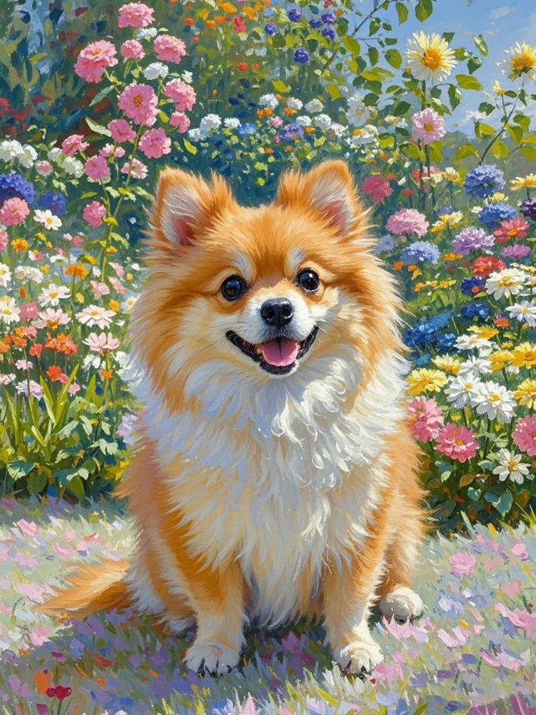 Artistic Style Hand-Painted Custom Pet Portrait-In garden