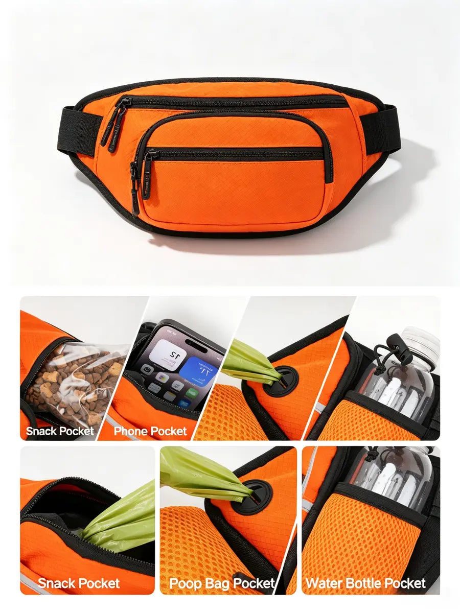 Multi-Pocket Hands-Free Dog Treat Training Pouch – Reflective Dog Walking Fanny Pack with Poop Bag Dispenser