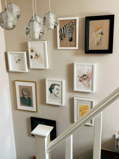 Colored pencil pet portraits gallery wall display - home decor hand-drawn art collection