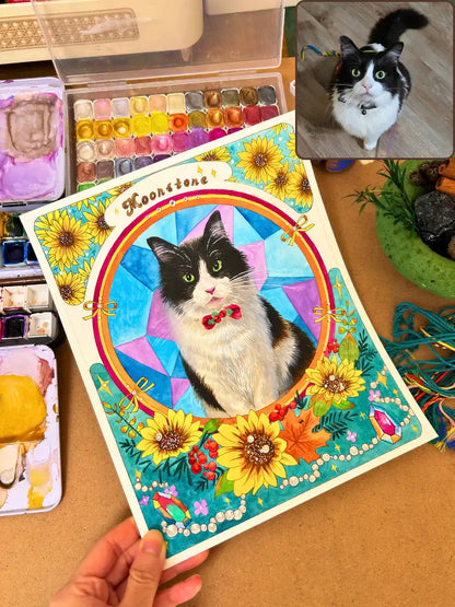 Before after Mucha cat portrait comparison - photo to Art Nouveau hand-painted artwork