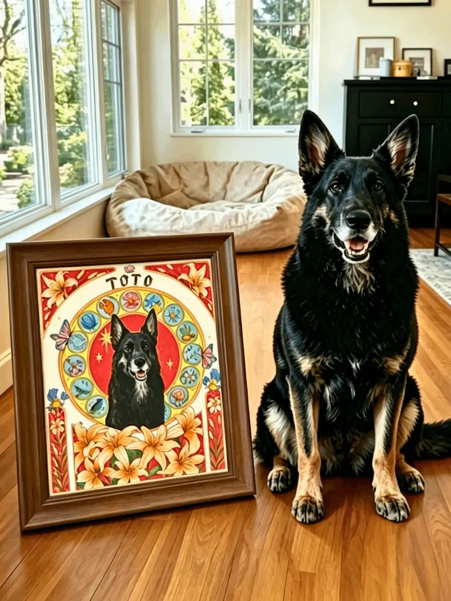 Art Nouveau Mucha-inspired Watercolor Pet Portrait
