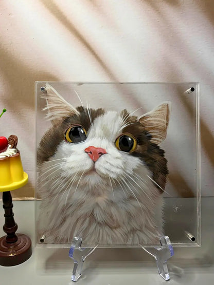 Finished 3D multi-layer cat portrait on shelf - acrylic depth hand-painted pet artwork