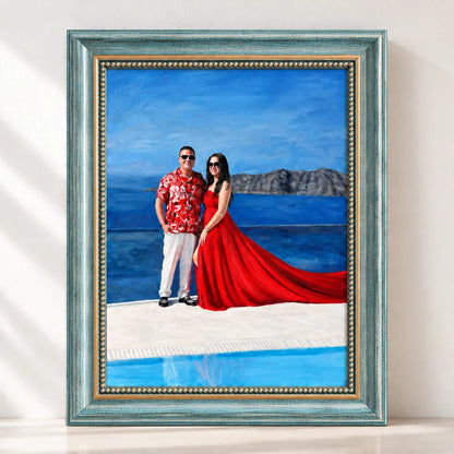 Custom oil portrait with a blue frame. Frame: Blue